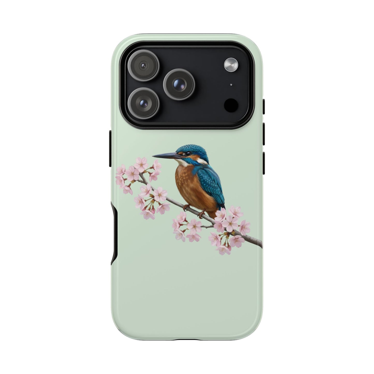 Eisvogel Handyhülle in Salbeigrün | Florales Kirschblüten Vogel-Motiv für iPhone & Google Pixel