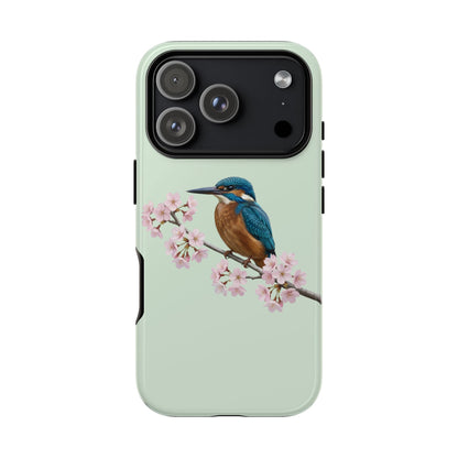 Eisvogel Handyhülle in Salbeigrün | Florales Kirschblüten Vogel-Motiv für iPhone & Google Pixel