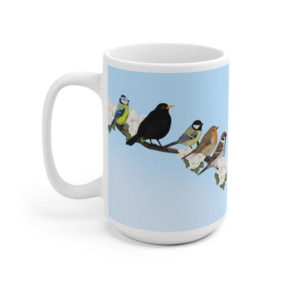 Amsel Rotkehlchen Kohlmeise auf einem Ast mit Apfelblüten im Frühling Vogel Tasse für Vogelfreunde