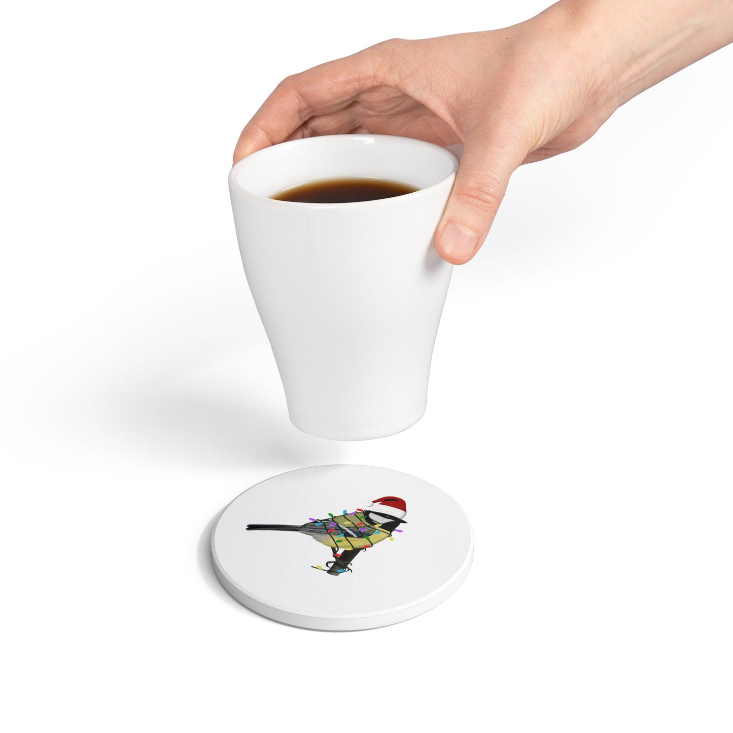 Keramik-Untersetzer Kohlmeise als Weihnachtsmann mit Lichterkette Weihnachtliches Vogel-Motiv