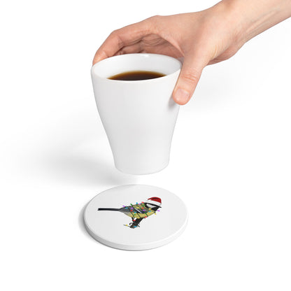 Keramik-Untersetzer Kohlmeise als Weihnachtsmann mit Lichterkette Weihnachtliches Vogel-Motiv