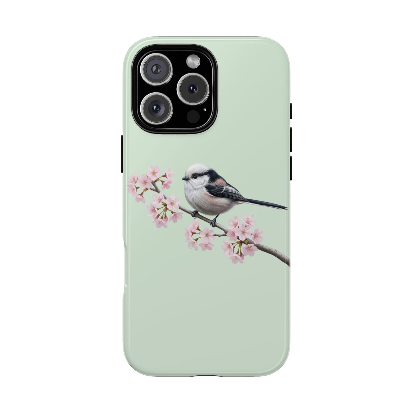 Schwanzmeise Handyhülle in Salbeigrün | Florales Kirschblüten Vogel-Motiv für iPhone & Google Pixel