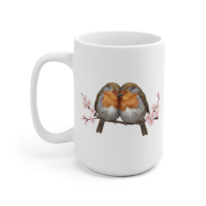 Rotkehlchen Pärchen in Kirschblüten Tasse - Romantisches Geschenk für Vogelfreunde
