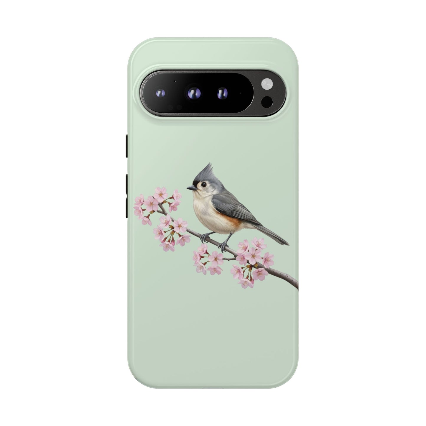 Grauhäubchenmeise Handyhülle in Salbeigrün | Florales Kirschblüten Vogel-Motiv für iPhone & Google Pixel