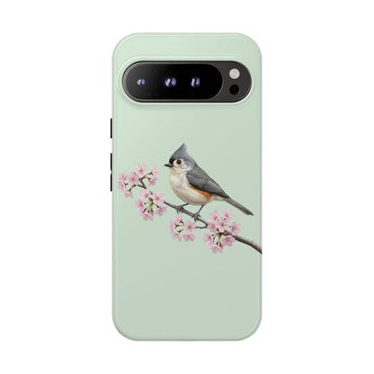 Grauhäubchenmeise Handyhülle in Salbeigrün | Florales Kirschblüten Vogel-Motiv für iPhone & Google Pixel