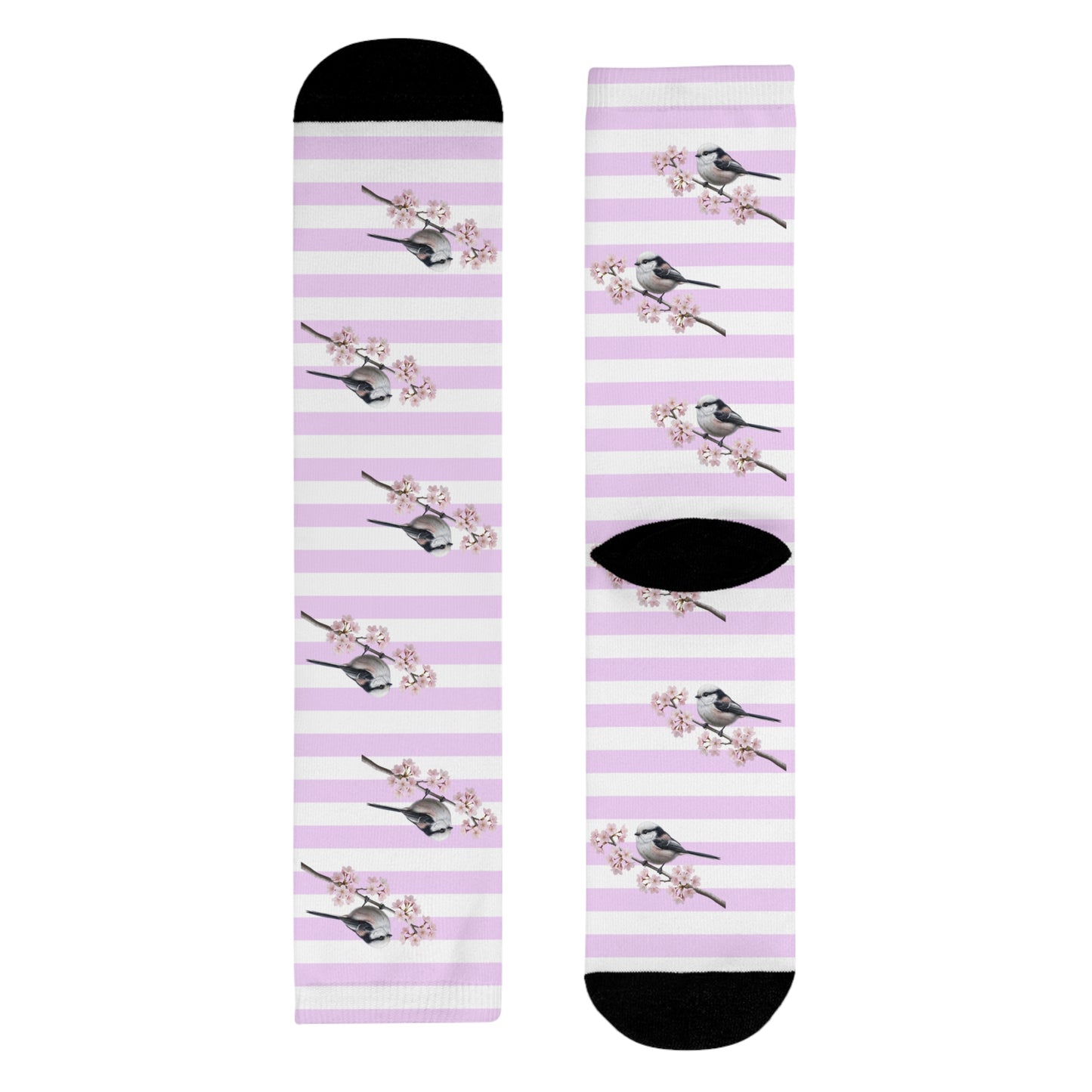 Schwanzmeise Socken – mit Kirschblüten | Weiß Rosa gestreifte Vogelmotiv Strümpfe
