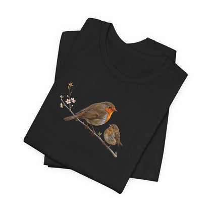 Rotkehlchen & Jungvogel T-Shirt | Frühlingsblüten Vogelmotiv für Vogelbeobachter