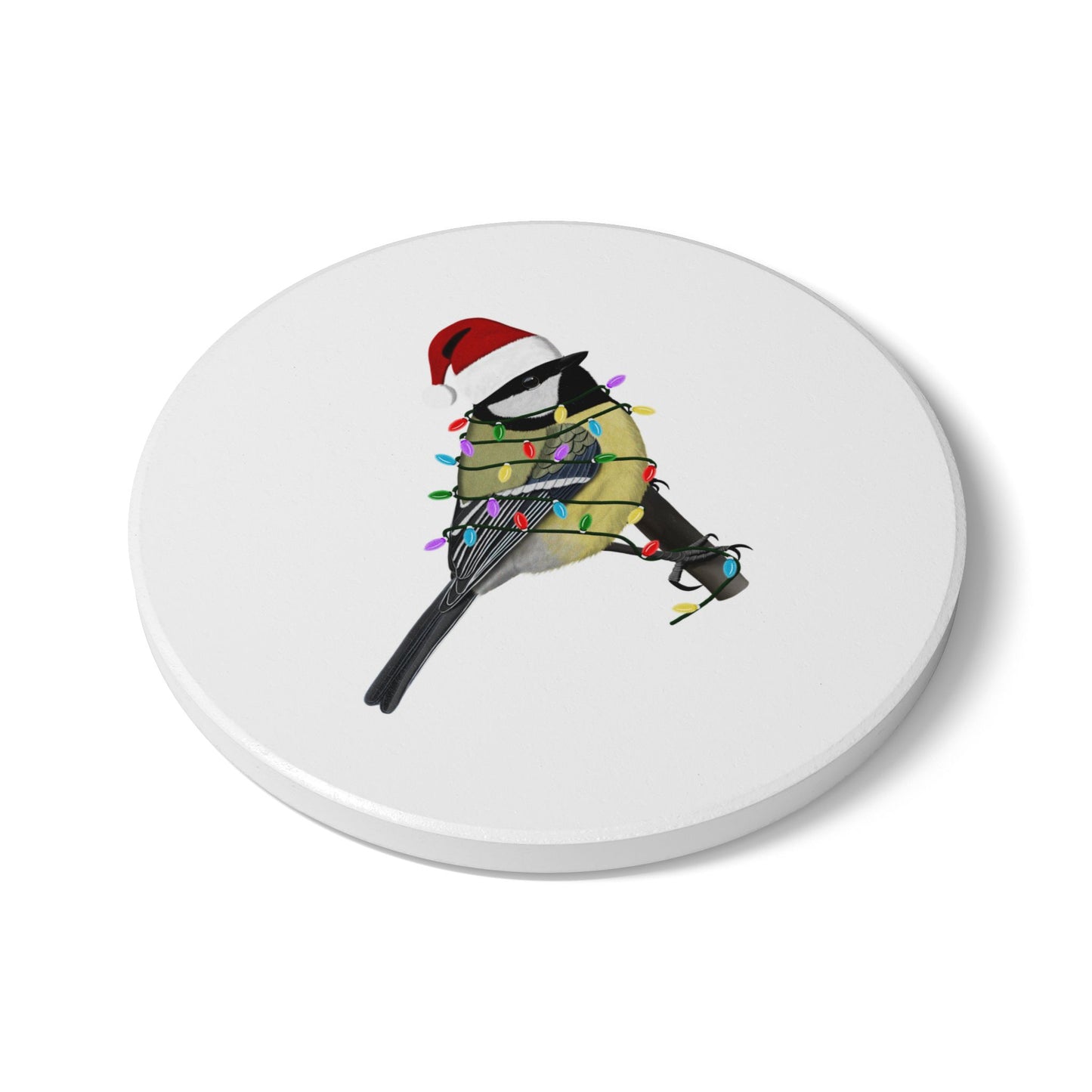 Keramik-Untersetzer Kohlmeise als Weihnachtsmann mit Lichterkette Weihnachtliches Vogel-Motiv