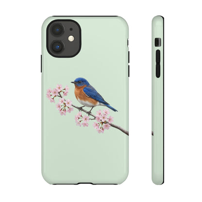 Rotkehl-Hüttensänger Handyhülle in – Salbeigrün | Florales Kirschblüten Vogel-Motiv für iPhone & Google Pixel