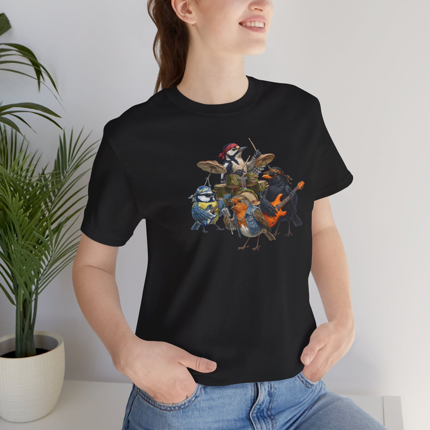Die Gartenvögel Rockband T-Shirt – Lustiges Vogel Shirt mit Rückendruck – Amsel, Rotkehlchen, Meise, Specht – Geschenk für Musiker & Vogelfreunde