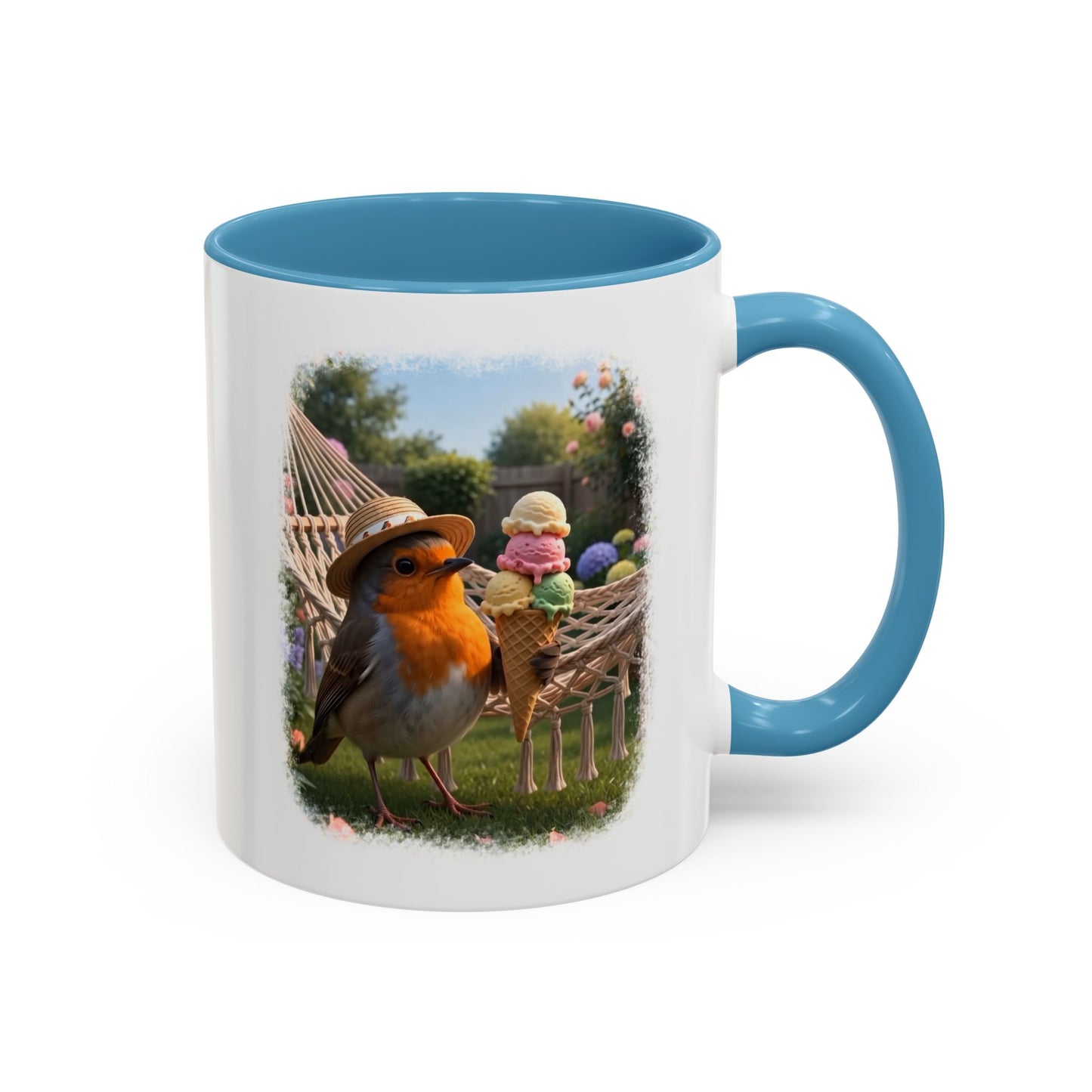 Keramiktasse Rosi Rotkehlchen und das Riesen-Eis im Garten – Kaffeebecher mit farbigem Henkel (330 ml)