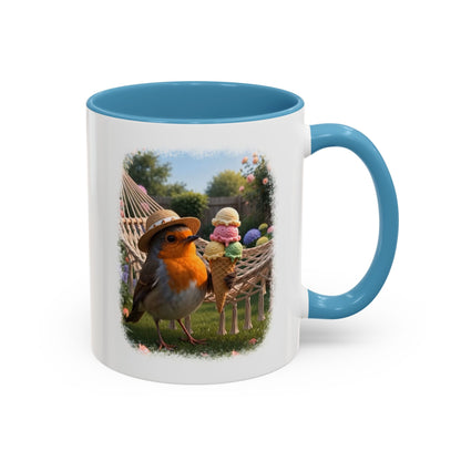 Keramiktasse Rosi Rotkehlchen und das Riesen-Eis im Garten – Kaffeebecher mit farbigem Henkel (330 ml)