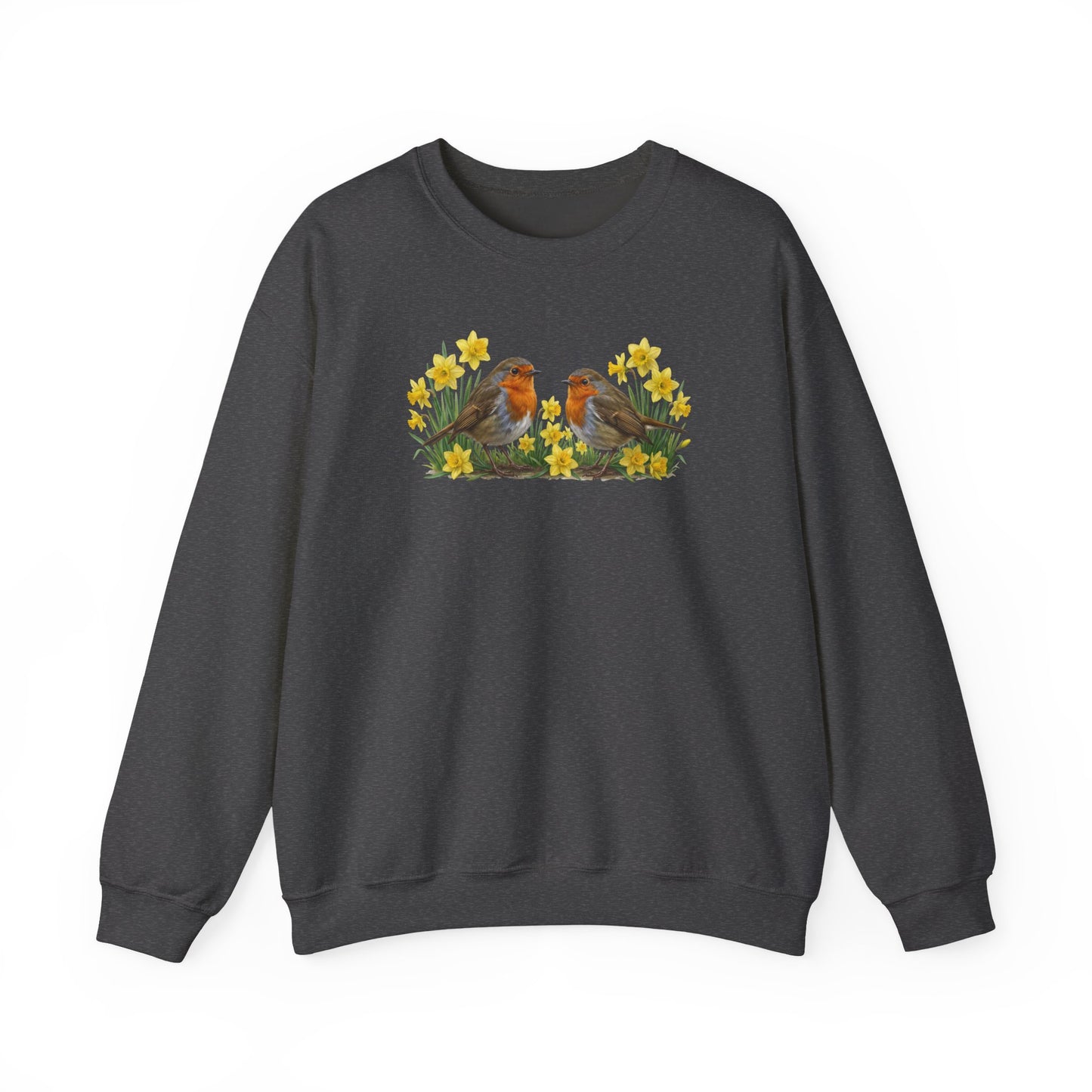 Rotkehlchen Oster-Sweatshirt Frühlingswiese – Singvögel in Osterglocken | Unisex Pullover