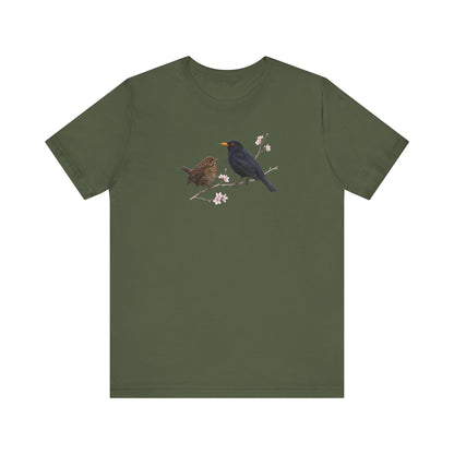 Amsel & Jungvogel T-Shirt | Frühlingsblüten Vogelmotiv für Vogelbeobachter