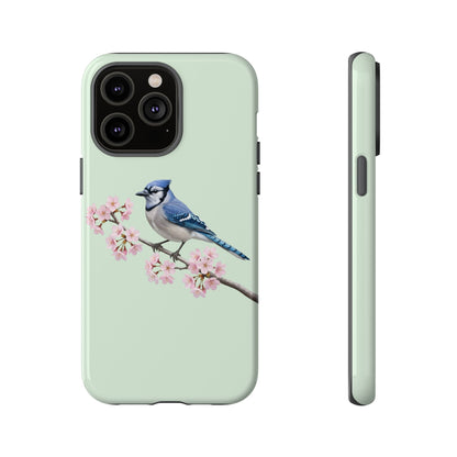Blauhäher Handyhülle in Salbeigrün | Florales Kirschblüten Vogel-Motiv für iPhone & Google Pixel