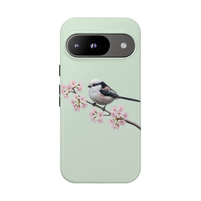 Schwanzmeise Handyhülle in Salbeigrün | Florales Kirschblüten Vogel-Motiv für iPhone & Google Pixel