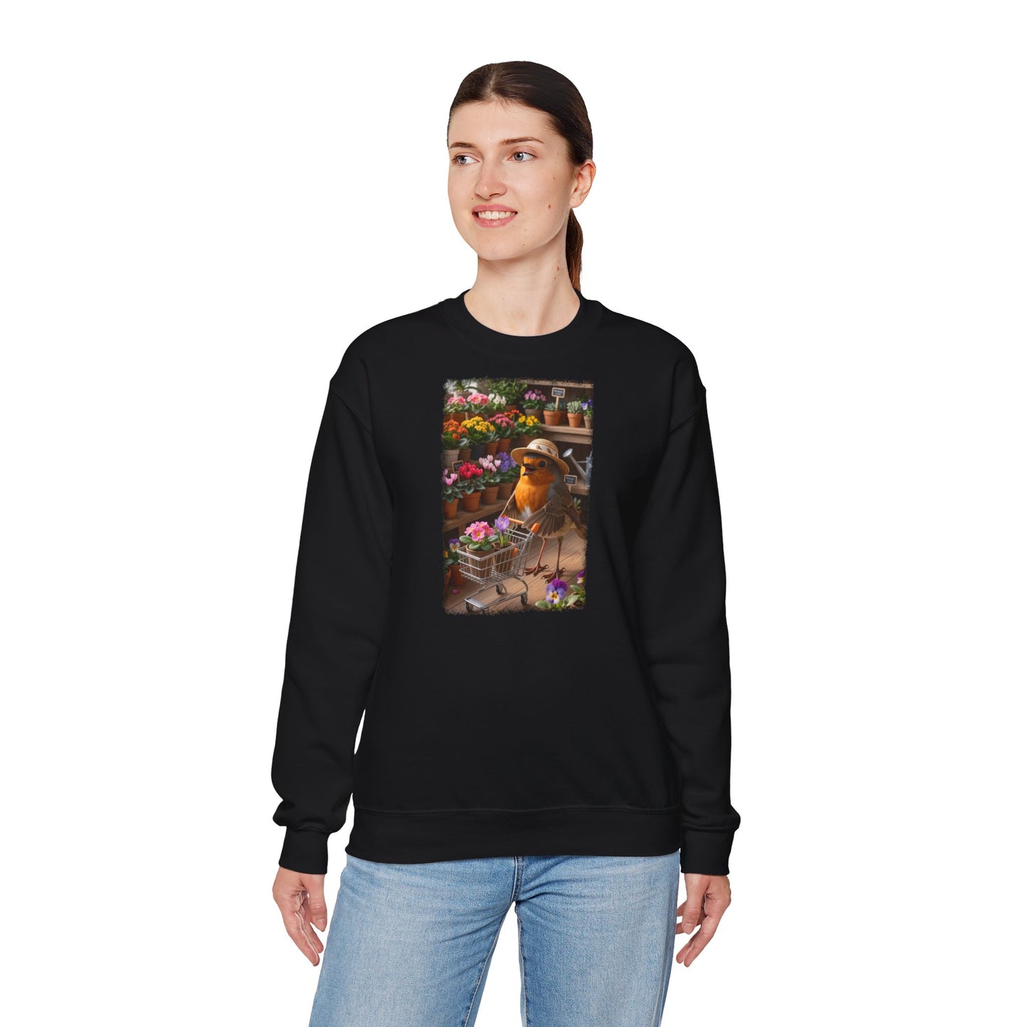 Lustiges Rotkehlchen Sweatshirt mit Blumen-Einkaufswagen | Süßer Vogel Pullover für Pflanzenliebhaber