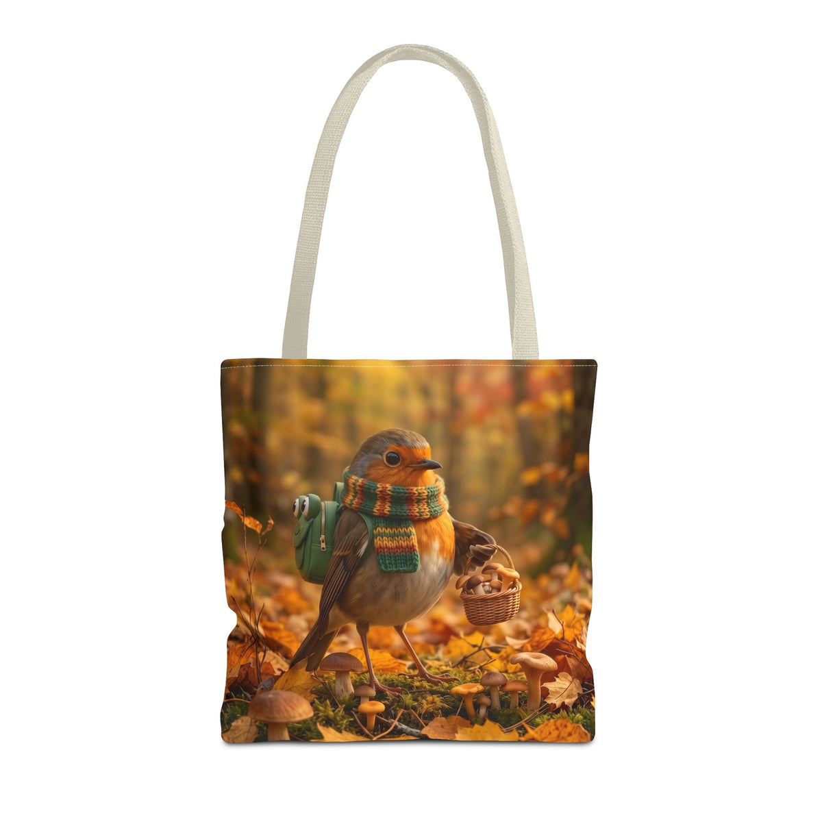 Tragetasche Rosi Rotkehlchen sammelt Pilze | Herbst Stofftasche für Vogelfreunde und Vogelbeobachter
