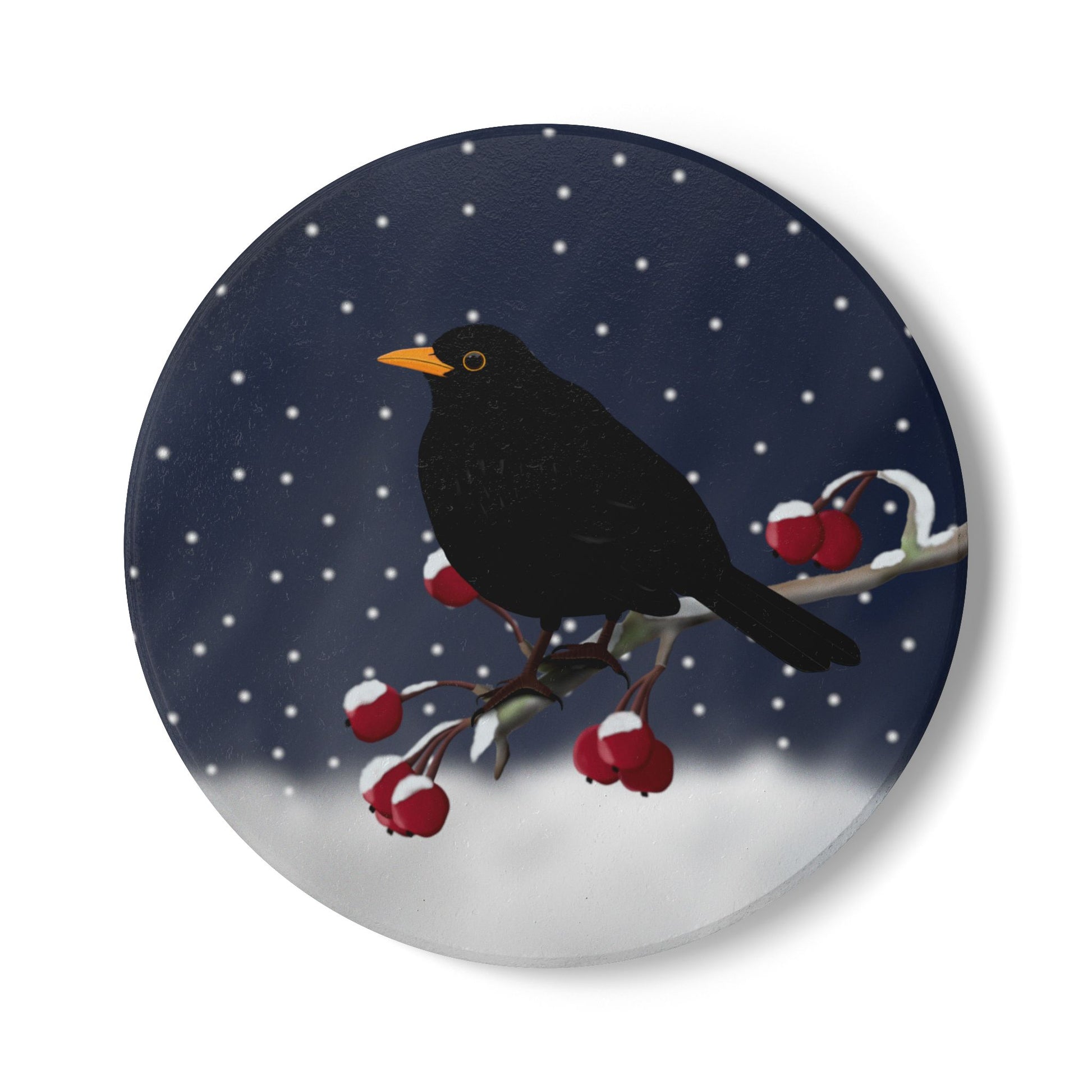 Amsel im Schnee Keramik-Untersetzer: Weihnachtliches Vogel-Motiv