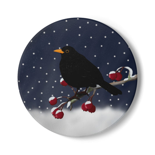 Amsel im Schnee Keramik-Untersetzer: Weihnachtliches Vogel-Motiv