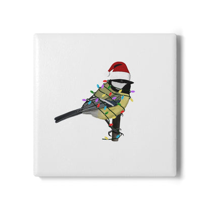 Keramik-Untersetzer Kohlmeise als Weihnachtsmann mit Lichterkette Weihnachtliches Vogel-Motiv