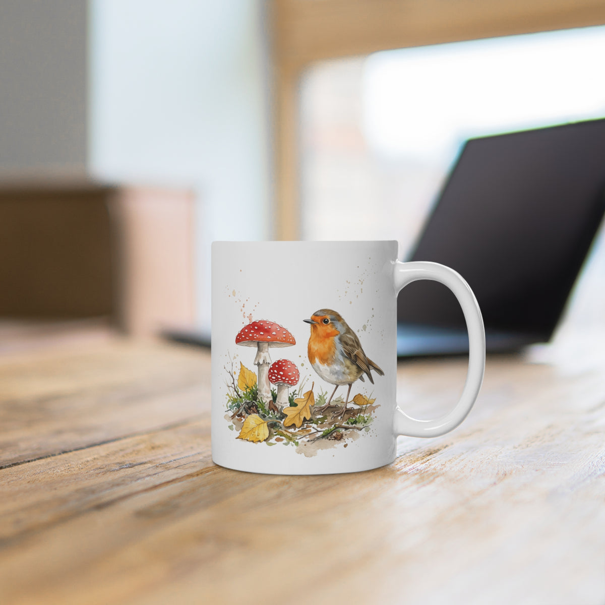 Rotkehlchen Herbst-Tasse – Gemütlicher Kaffeebecher mit Laub & Fliegenpilzen