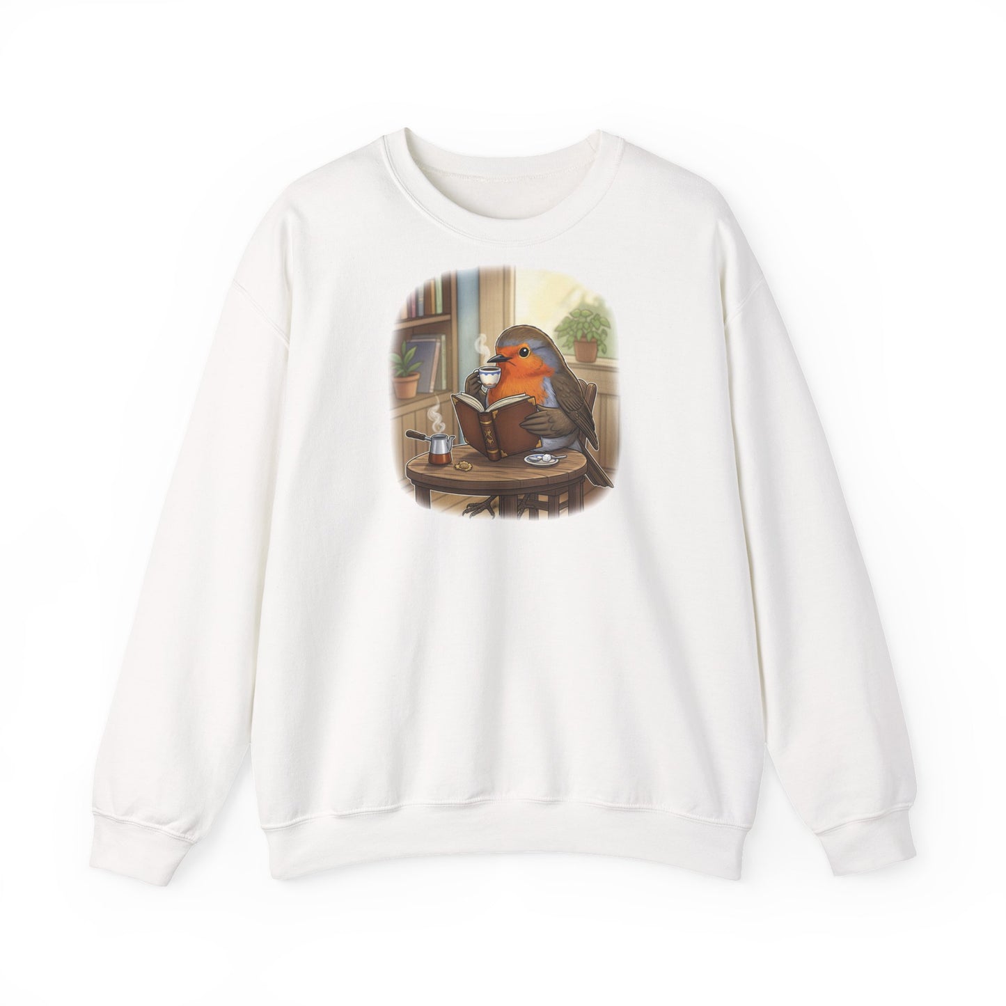 Rotkehlchen liest Bücher und trinkt Kaffee Vogel Sweatshirt für Vogelbeobachter