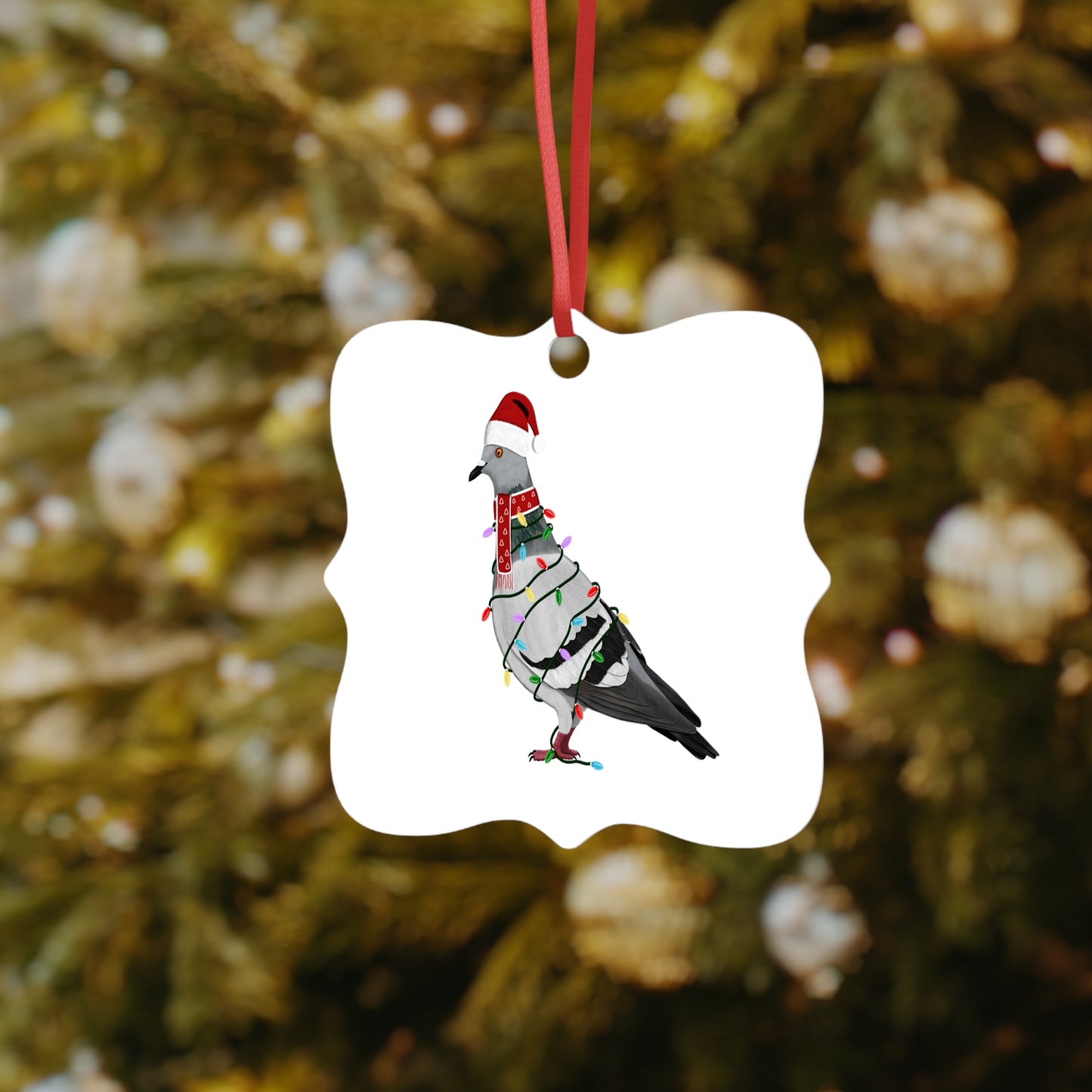 Taube Ornament aus Aluminium – Einzigartiger Christbaumschmuck mit Rotem Band