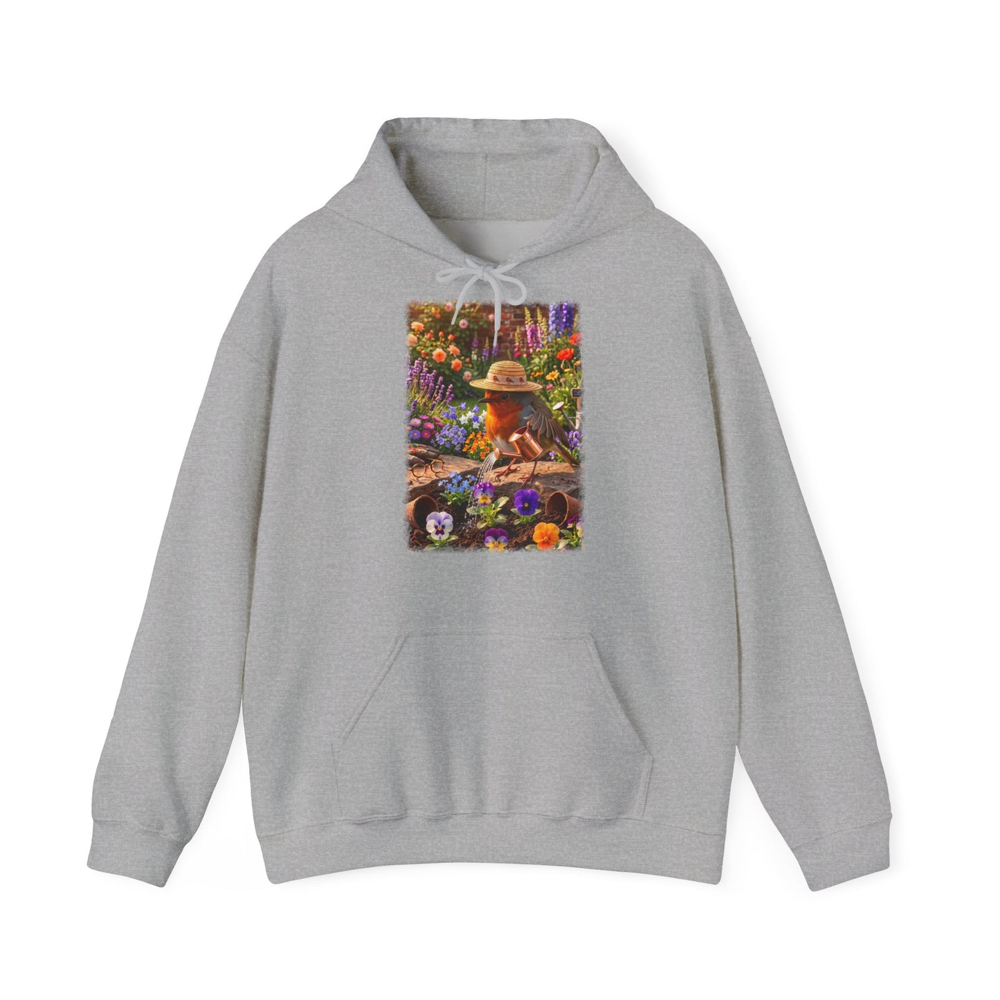 Niedlicher Rotkehlchen Hoodie beim Blumen gießen | Gemütlicher Garten-Kapuzenpullover