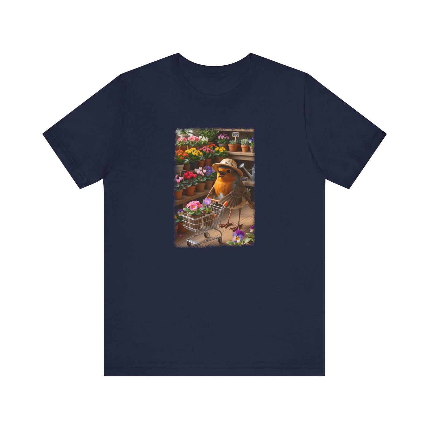 Lustiges Rotkehlchen T-Shirt mit vollem Blumen-Einkaufswagen | Niedliches Pflanzen-Motiv