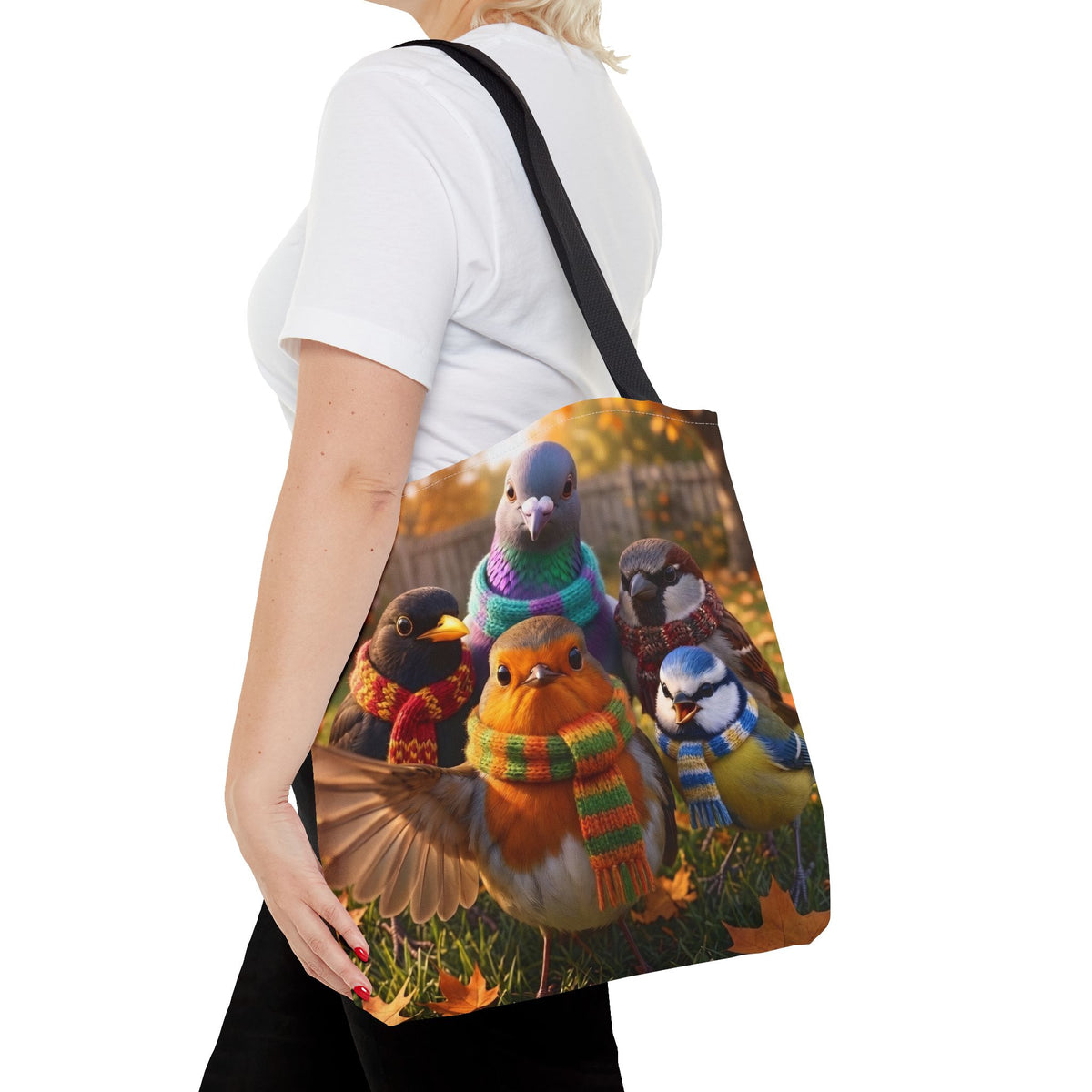 Gartenvögel Tragetasche „Rosis Gruppen-Selfie“ – Robuste Tote Bag mit Rotkehlchen, Amsel & Meise