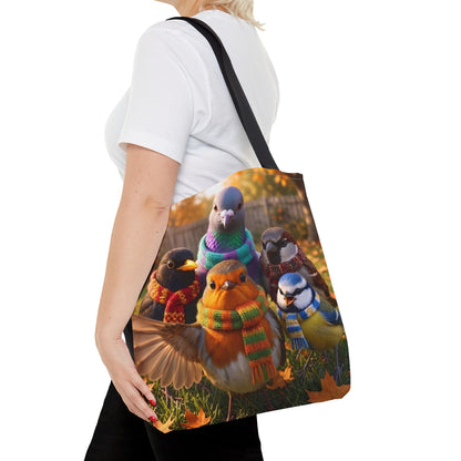 Gartenvögel Tragetasche „Rosis Gruppen-Selfie“ – Robuste Tote Bag mit Rotkehlchen, Amsel & Meise