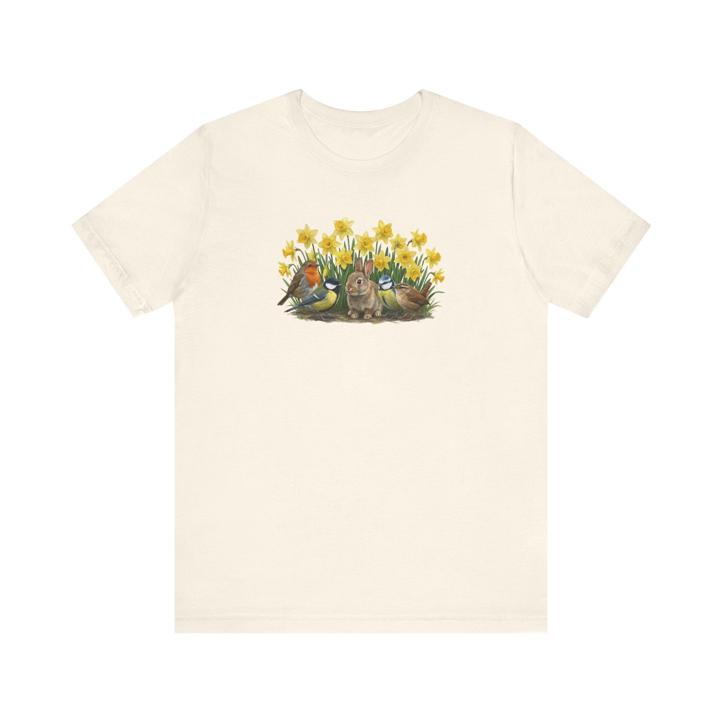Oster T-Shirt "Gartenfreunde" - Kaninchen, Rotkehlchen & Meisen in Osterglocken | Premium Baumwolle