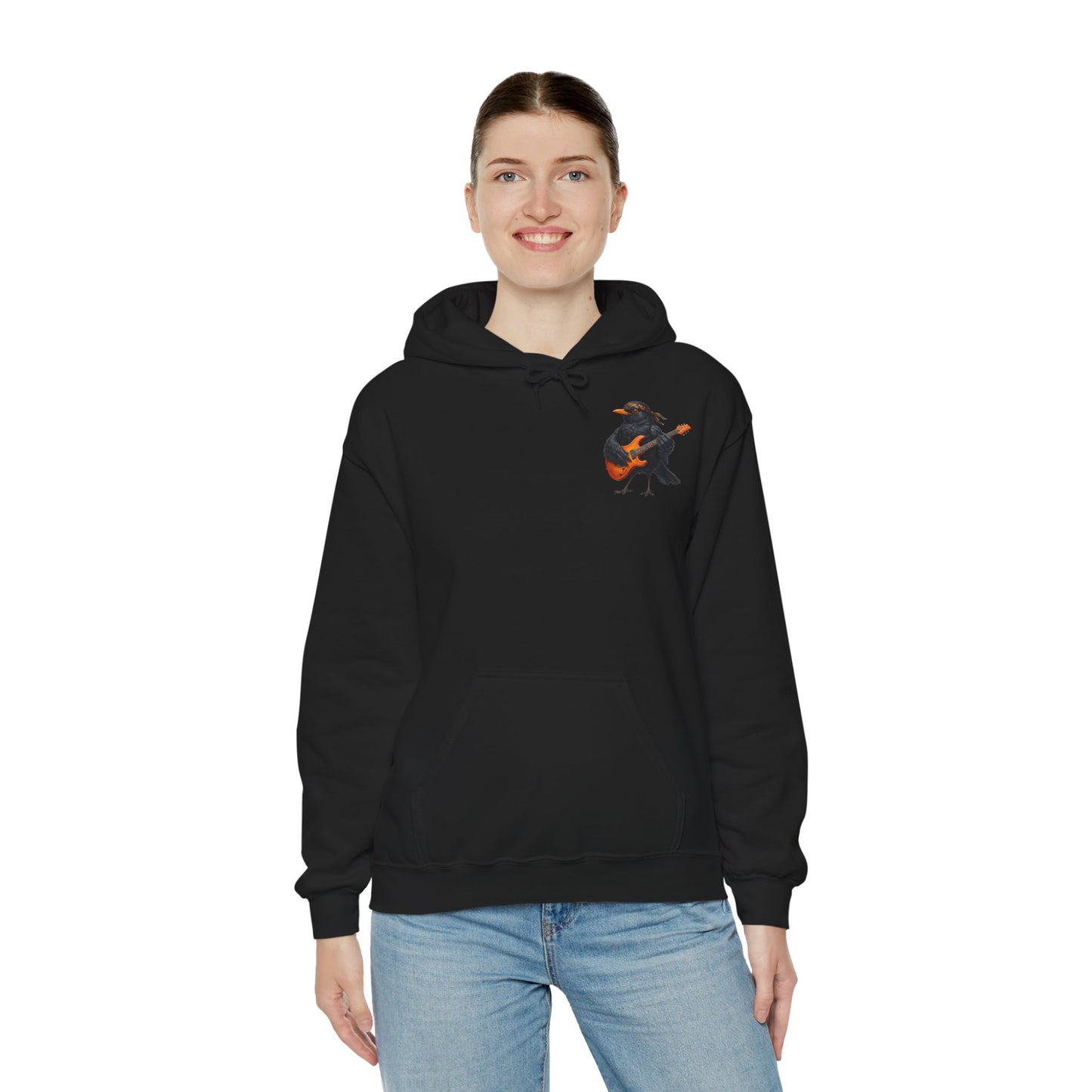 Blacky Amsel mit Gitarre – Premium Band-Hoodie | Die Gartenvögel