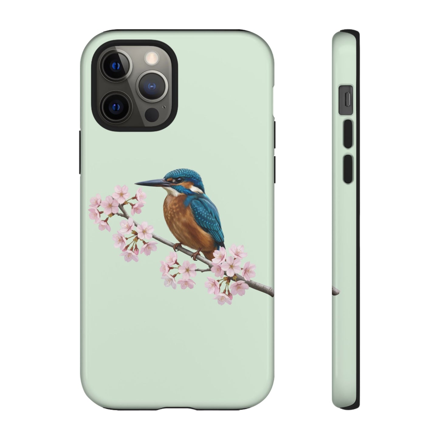 Eisvogel Handyhülle – in Salbeigrün | Florales Kirschblüten Vogel-Motiv für iPhone & Google Pixel