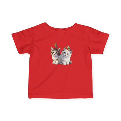 Süßes Kätzchen Tiermotiv Baby T-Shirt mit Rotkehlchen und Blaumeise
