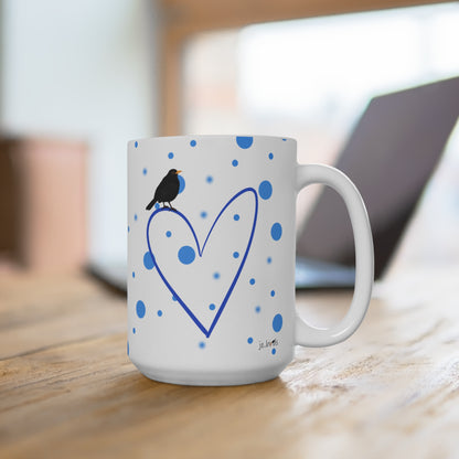 Amsel mit Herz Valentinstag Vogel Tasse Punkte Blau