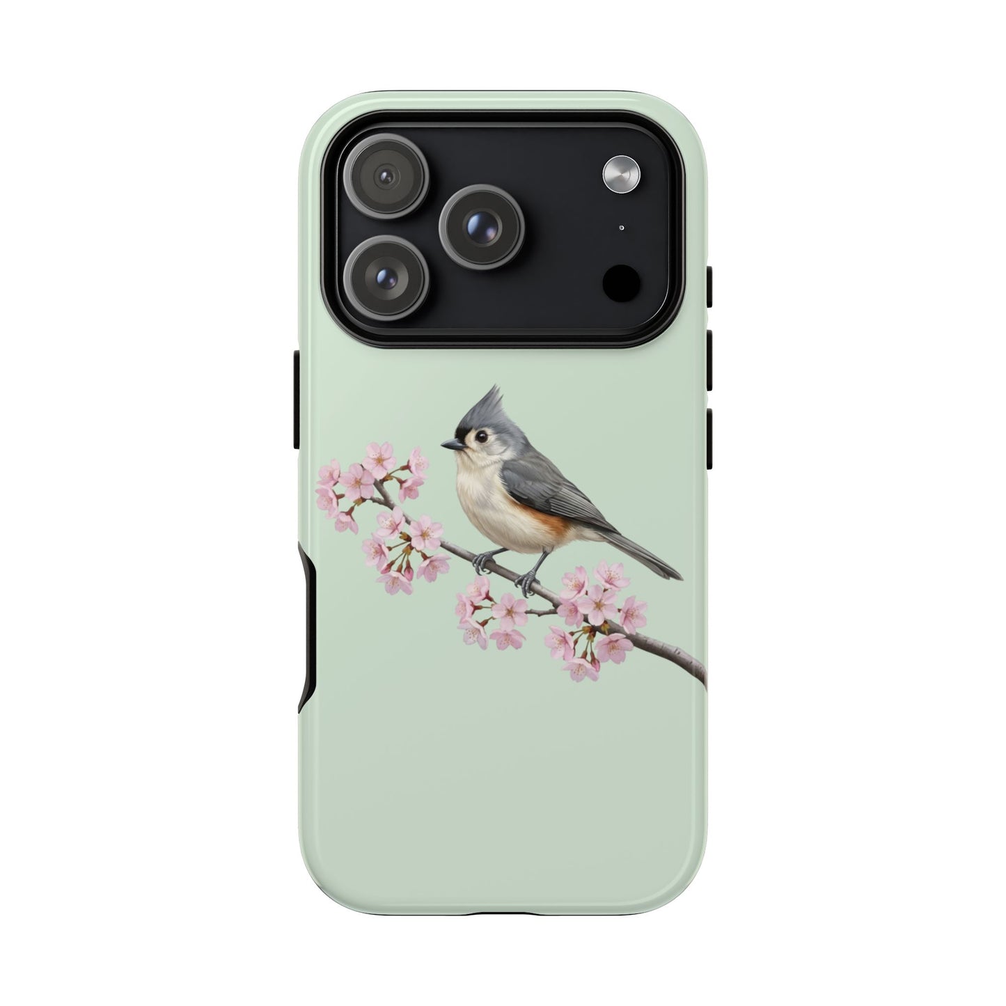 Grauhäubchenmeise Handyhülle in Salbeigrün | Florales Kirschblüten Vogel-Motiv für iPhone & Google Pixel