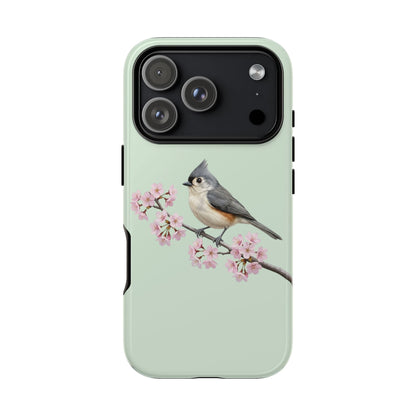 Grauhäubchenmeise Handyhülle in Salbeigrün | Florales Kirschblüten Vogel-Motiv für iPhone & Google Pixel