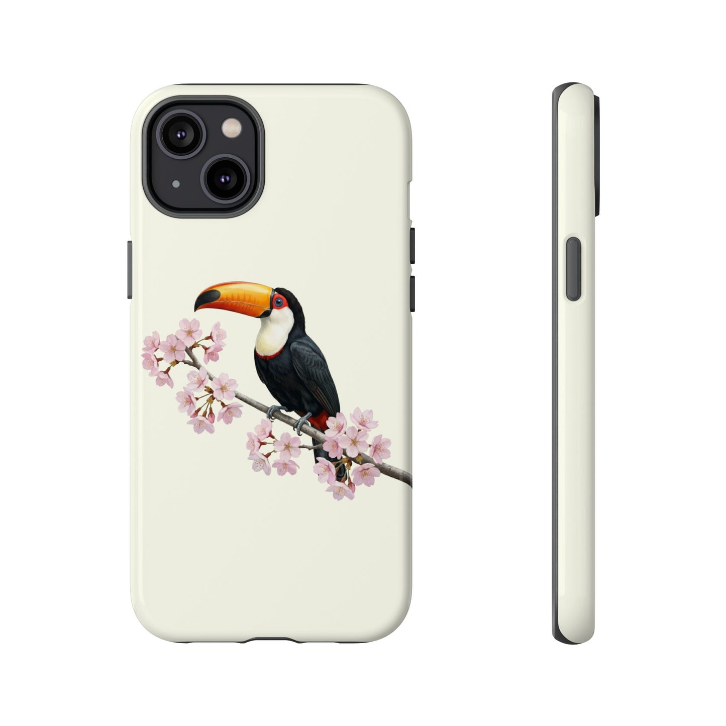 Tukan Handyhülle in Cremeweiß | Florales Kirschblüten Vogel-Motiv für iPhone & Google Pixel