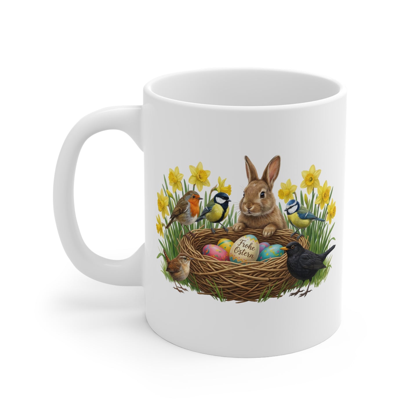 Kaninchen Rotkehlchen Amsel am Nest mit Osterglocken Tasse - Oster-Geschenk für Vogelfreunde