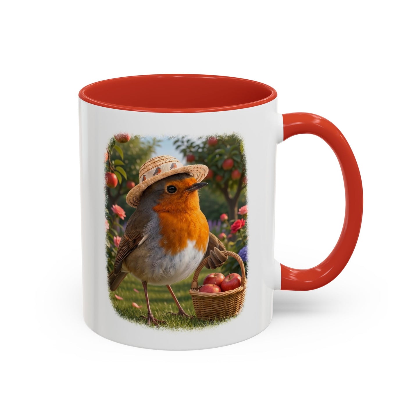 Rosi Rotkehlchen bei der Apfelernte Keramiktasse – Kaffeebecher mit farbigem Henkel