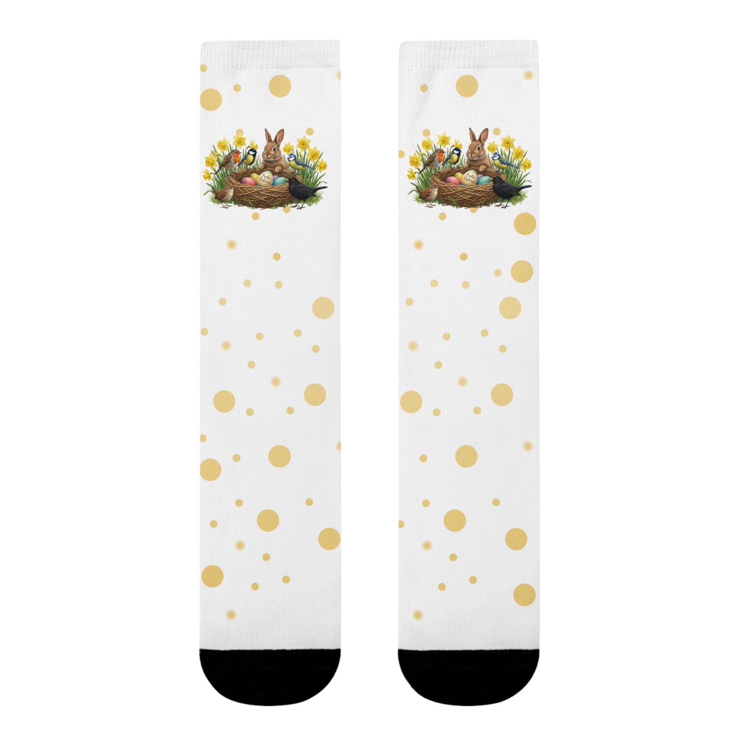 Vogel Socken mit Osterglocken – Kaninchen, Amsel, Rotkehlchen, Meisen & Zaunkönig am Osternest