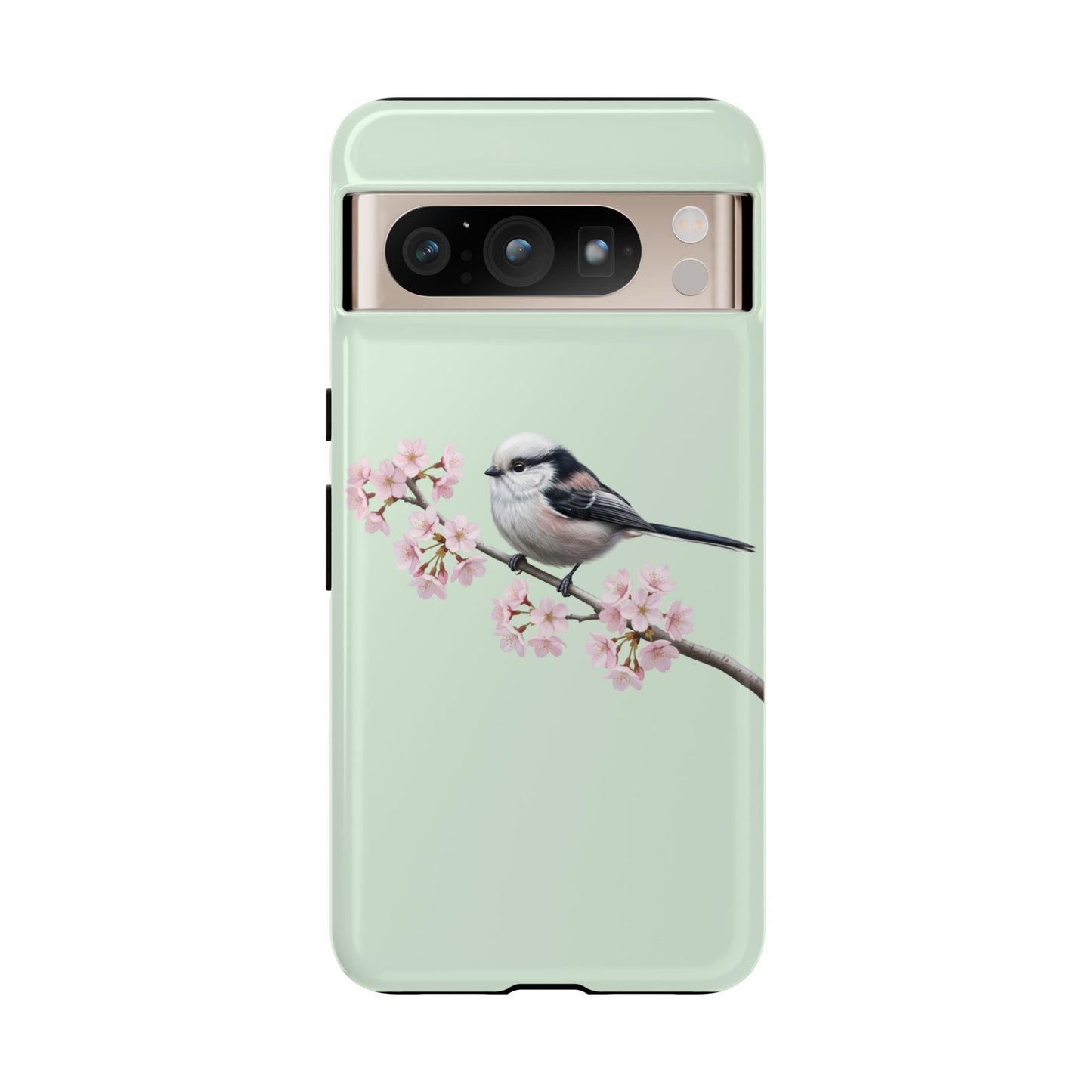 Schwanzmeise Handyhülle in Salbeigrün | Florales Kirschblüten Vogel-Motiv für iPhone & Google Pixel