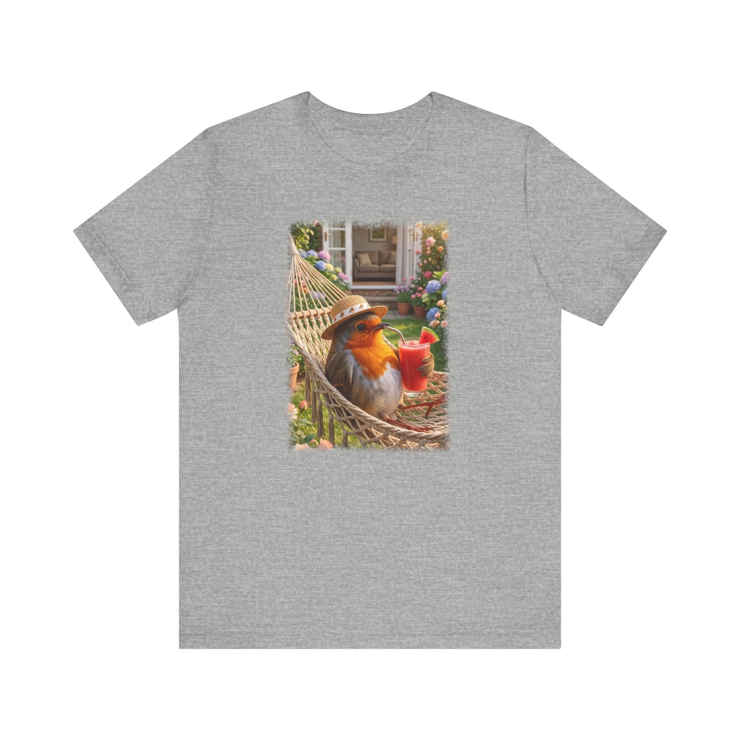T-Shirt mit Rosi Rotkehlchen Motiv in der Hängematte für Vogelfreunde
