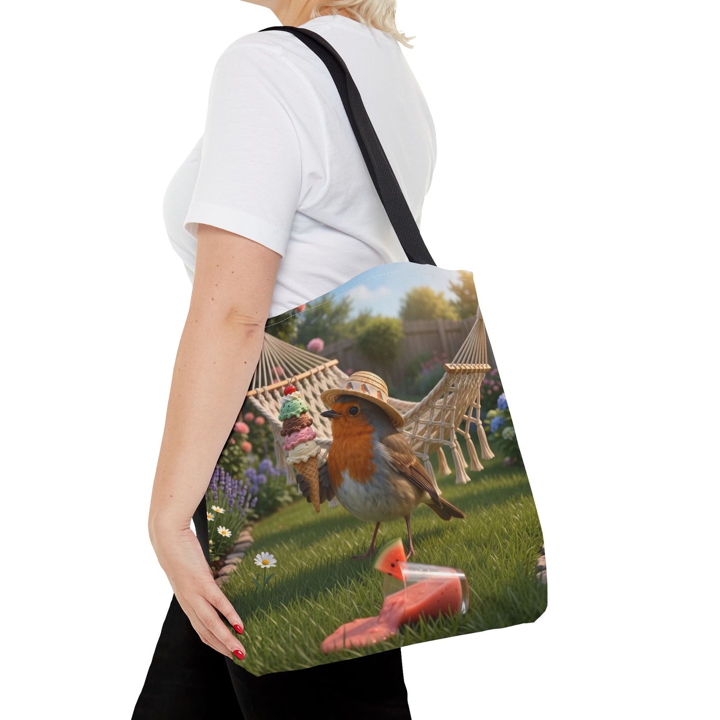 Premium Tragetasche Rosi Rotkehlchen und das Riesen-Eis im Garten (40 x 40 cm)