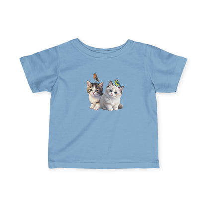 Süßes Kätzchen Tiermotiv Baby T-Shirt mit Rotkehlchen und Blaumeise