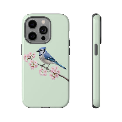 Blauhäher Handyhülle in Salbeigrün | Florales Kirschblüten Vogel-Motiv für iPhone & Google Pixel