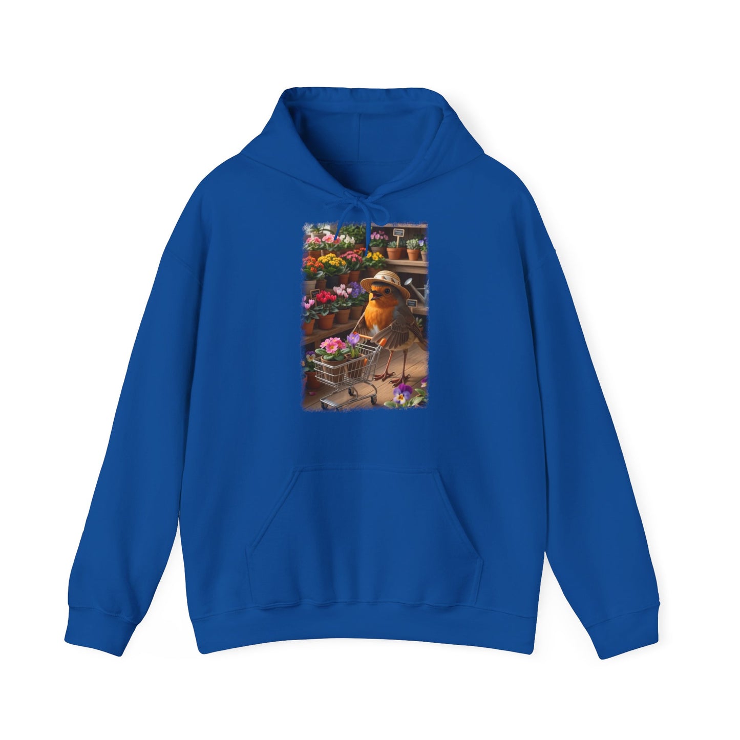 Lustiger Rotkehlchen Hoodie mit Blumen-Einkaufswagen | Süßer Vogel Kapuzenpullover für Pflanzenfans