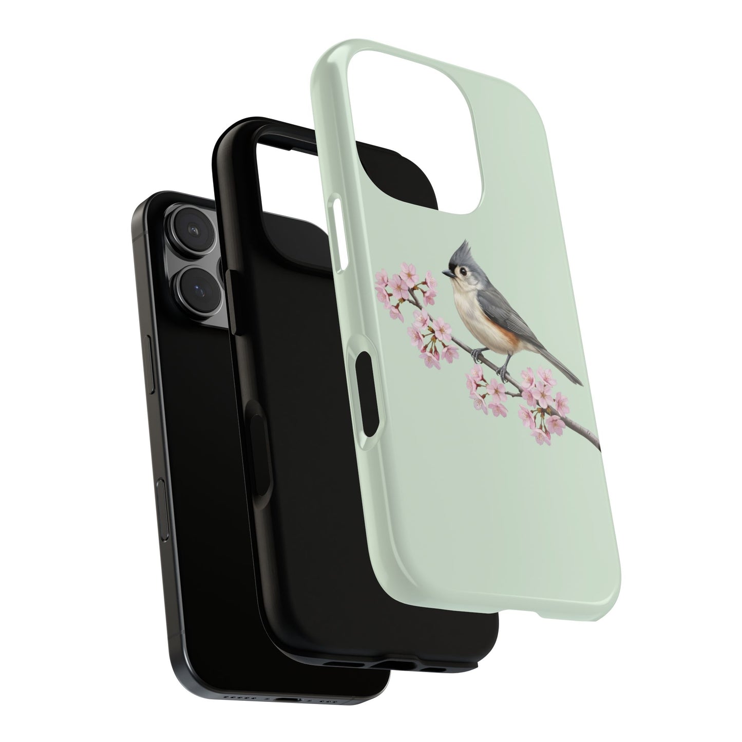 Grauhäubchenmeise Handyhülle in Salbeigrün | Florales Kirschblüten Vogel-Motiv für iPhone & Google Pixel